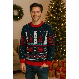 Tipsy Elves Men's Coastal Lobster Lighthouse Christmas Sweater Navy Blue Size S